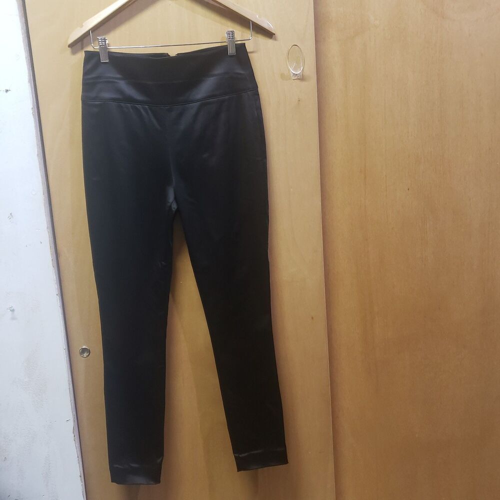 Bebe Black Satiny High Waist Leggings Back Zipper Sz 4 ABC INSEAM 25.5"